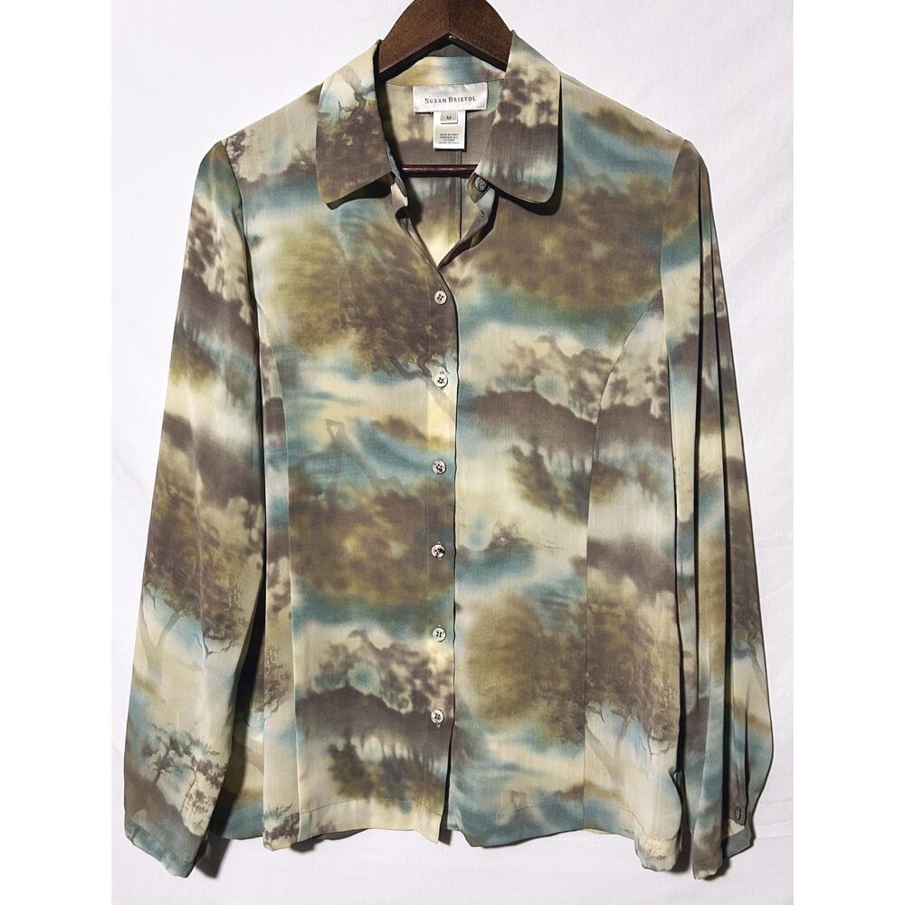 Susan Bristol Abstract Print Sheer Long Sleeve Shirt Medium
